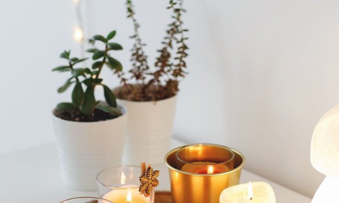 Wooden,Tray,With,Burning,Candles,,Night,Lamp,And,Home,Plants